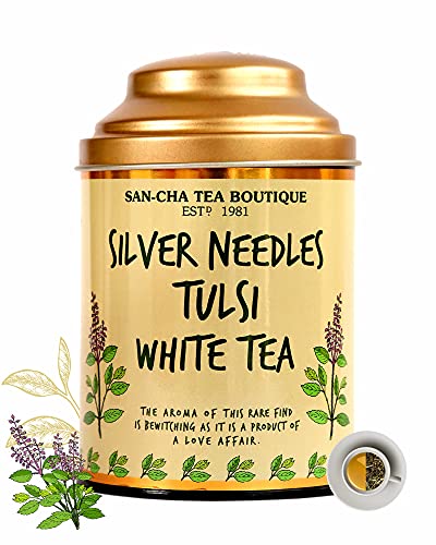 Image of Sancha Tea Boutique, Tulsi White Tea, 75g Silver Needle White Buds Blended with Holy Basil, Antioxidant-Rich & Delicate Floral Herbal Infusion