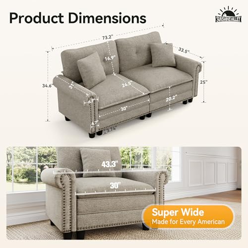 Image of SUNSHINE VALLEY 73.2 inch Modular Loveseat Cloud Couch Rolled Arms & Deep Seats | Mid-Century Modern 2-Seater Loveseat, Light Grey, Nailhead Trim, Wider & Deeper Seats, Linen Sofa for Living Room Bedroom