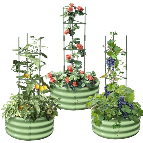 SUNYRISY 3er Set Rund Hochbeet Metall für Garten mit Rankhilfe Pflanzenhalter, Pflanzkasten Blumenkasten Kräuterbeet mit Rankgitter für den Anbau von Tomaten, Blumen und Kräutern, Grün