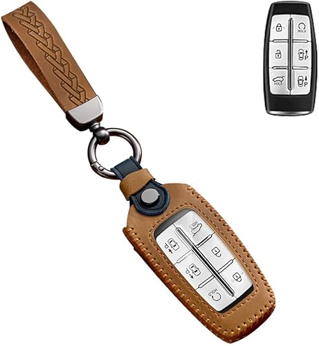 Miniatura 10 de SANRILY FLL Production - Funda de cuero para llavero Genesis GV80 2021 2022 G80 GV70 G90 G70 sin llave 468 botones con llavero azul