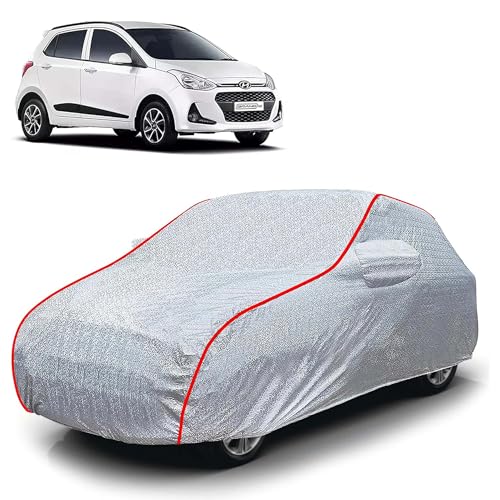 Image of Sulfar 100% Waterproof Car Body Cover Compatible with Mirror for Hyundai i10 (Triple Stitched, Full Bottom Elastic, Magic Silver with Red Piping)