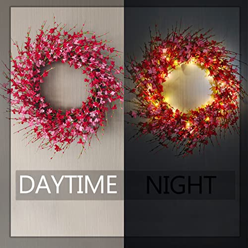22 Inches Artificial Pink Forsythia Flower Wreath, Natural Vine Wreath, Spring/Summer Front Door Wreath With Hook And Light String, For Wedding Window Home Wall Indoor Front Door Decor #TOP4
