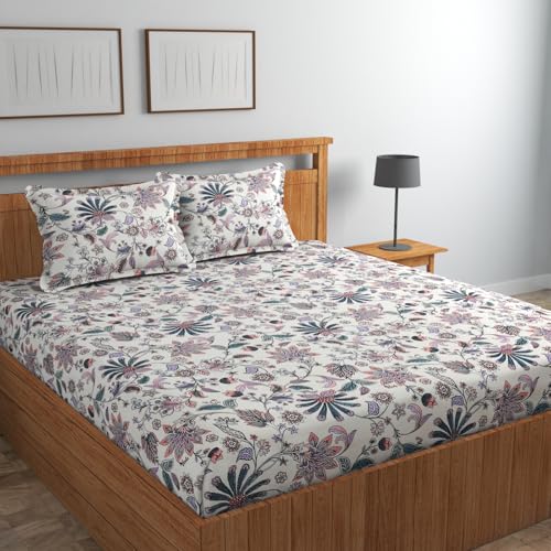 Image of Blue Strip Polycotton Fitted Bedsheet, King 72x78 (White Multi) | 300 TC | All-Round Elastic Grip | Soft, Breathable & Colourfast | Wrinkle Resistant | Machine Washable