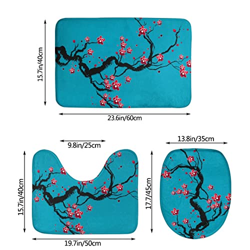 DIRYKILP Badematte + Konturmatte + Toilettendeckelbezug, Kirschblüten 3 Stück Badematte Set, mit rutschfester Klebeunterseite – Bild 4