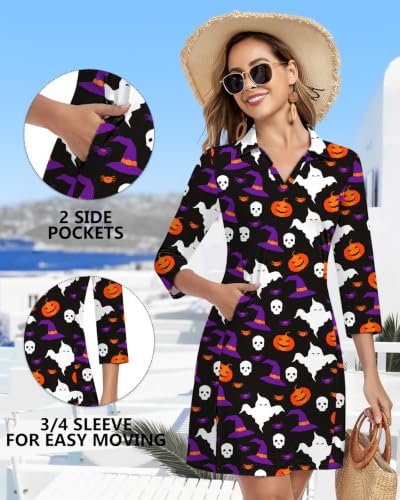 Image of WOWENY 3 /4 Sleeve Dress for Women with Pockets V Neck UPF 50+ Casual Sun Dress Breathable Quick Dry Beach Vacation