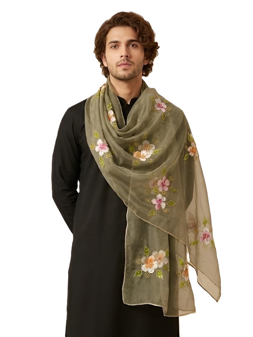muffly Men’s Premium Organza Floral Handbrush Painted Dupatta for men with Golden Beads Detailing | Lightweight Dupatta-picture-22