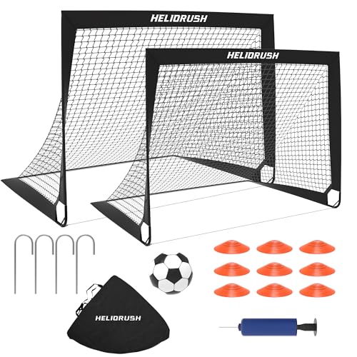 HELIORUSH Fussballtore für Garten Kinder 2er Set - 120x90cm Fußballtor mit 420D Oxford-Gewebe & L-Metallverbindung - Inkl. Fußball Gr. 3, 9 Trainingskegel, Pumpe & Tasche - Stabiles Pop Up Tor