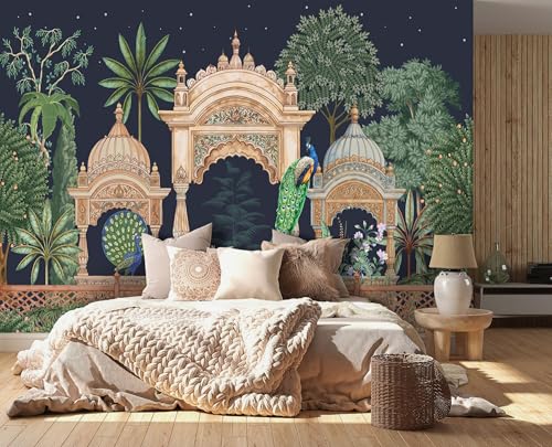 Image of 999STORE Traditional Mughal Garden Dome Indian Wallpaper Ethinic Wallpaper Peacock Wallpaper for Walls Bedroom (Non8X60446)