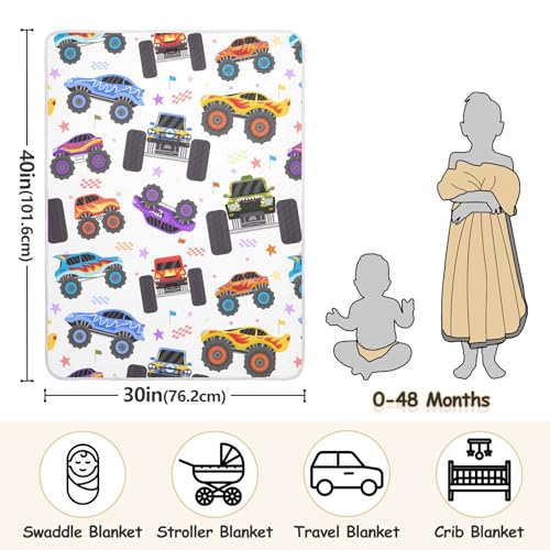 Image of Swaddle Blanket Cartoon Monster Trucks Cotton Blanket for Infants Receiving Blanket Lightweight Soft Swaddling Blanket for Crib, Stroller, Nursery Blankets, 30x40In
