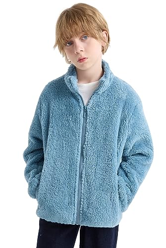 Image of maoo garden Boys Fleece Jacket Kids Light Winter Sherpa Coat Hoodie Full-Zip Fall Windbreaker Blue 7-8Y