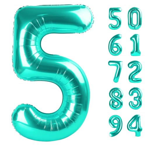 Image of Teal 5 Balloon, Number Balloons 40 Inch, 5th Birthday Balloon Decorations, Teal Party Supplies, 5 Number Balloons, Number 5