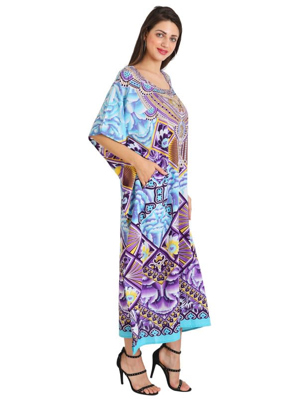 Image of Miss Lavish London Swimwear Cover ups Kaftan Dresses for Women Ethnic Print V Neck, Beach Coverups Plus Size, Side Slit & Pockets on Both Sides, Womens Beach Resort Wear-Purple-XL
