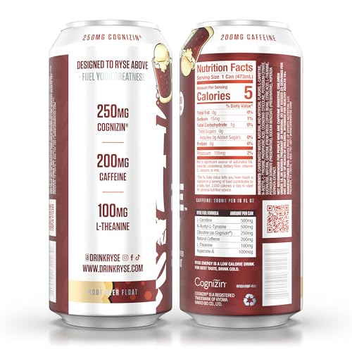 Image of RYSE Fuel Energy Drink - Root Beer Float - Sugar Free - 200mg Natural Caffeine, New Formula to Supports Cognitive Health & Improves Focus - No Artificial Colors - 16 fl oz Cans (12-Pack)