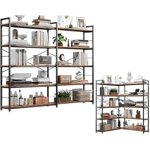 MECHYIN 5 Tiers Corner Bookcase, Industrial Bookshelves and Bookcases, Modern Large Corner Etagere Bookcase, Open Display Shelves with Metal Frame for Living Room, Bedroom and Home Office (Brown) Cover
