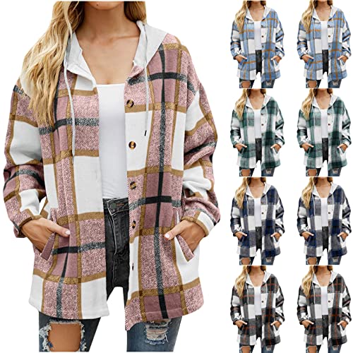 Womens Shacket Plaid Button Down Long Sleeve Flannel Jacket Casual Hoodies Coats Fall Outfits Fashion Clothes 2025