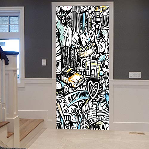 A.Monamour Sticker Porte Autocollant Poster de Porte 3D New York Graffiti Doodles Croquis Dessin Art Abstrait Vinyle Affiche de Porte Sticker Mural Papier...