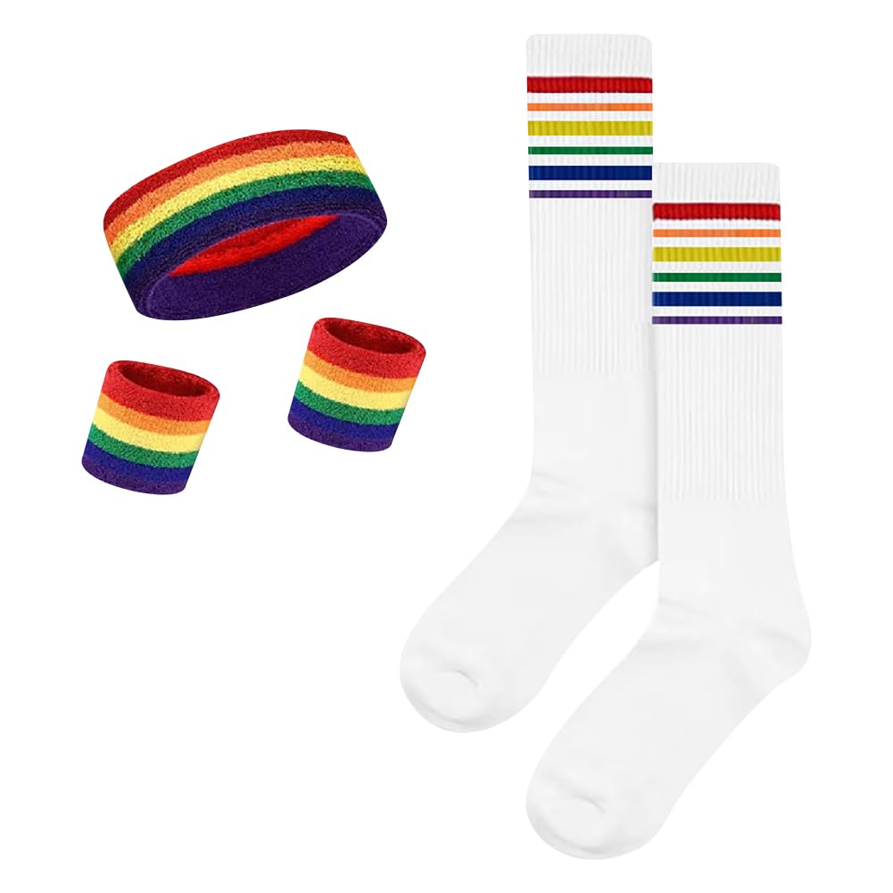 JIHUOO 5 Pcs Striped Sweatbands Sets Sports Headband and Wristbands High Tube Socks Elastic Athletic Headband Socks Wrist Sweat Bands for Men Women Rainbow