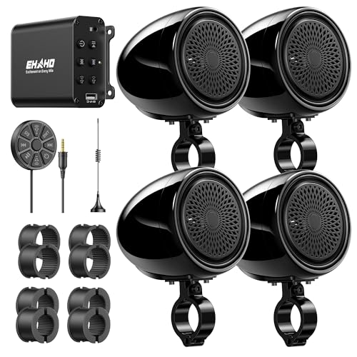 Ehaho Motorcycle Speakers Bluetooth Waterproof 4 Pack, 1200W 4' Stereo Audio System with Class-D Amplifier, FM Radio, USB, 0.75-1.25' Handlebar Mount Kit for Harley ATV UTV Golf Cart -Black