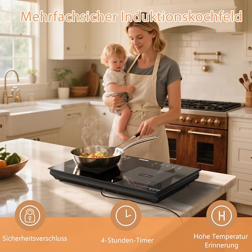 Karinear Induktionskochfeld 2 Platten 3500W mit Stecker, Boost, 60cm, Touch | Sicheres Kochen mit Kindersicherung und 240-Minuten-Timer, ideal für kleine Küchen, Wohnungen und zusätzliche Kochstellen – Bild 4