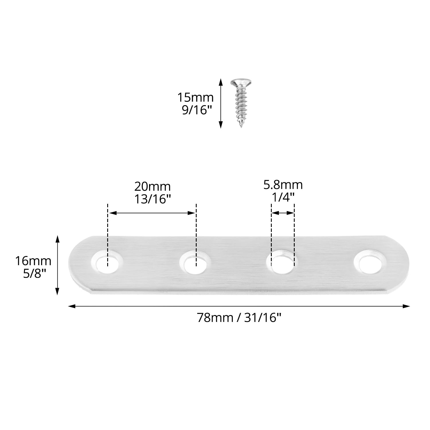 QWORK® 10PCS 77x16x2mm Stainless Steel Flat Braces Straight Corner Brackets with 40 PCS Fixing Screws, Silver, 10 PCS 77x16x2mm - Image 2
