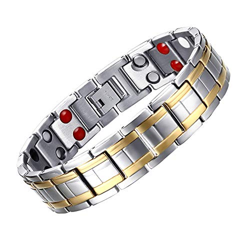 JFUME Magnetic Bracelets for Men 18K Gold Plated with Silver Double Row Magnets with Link Remove Tool 8.5