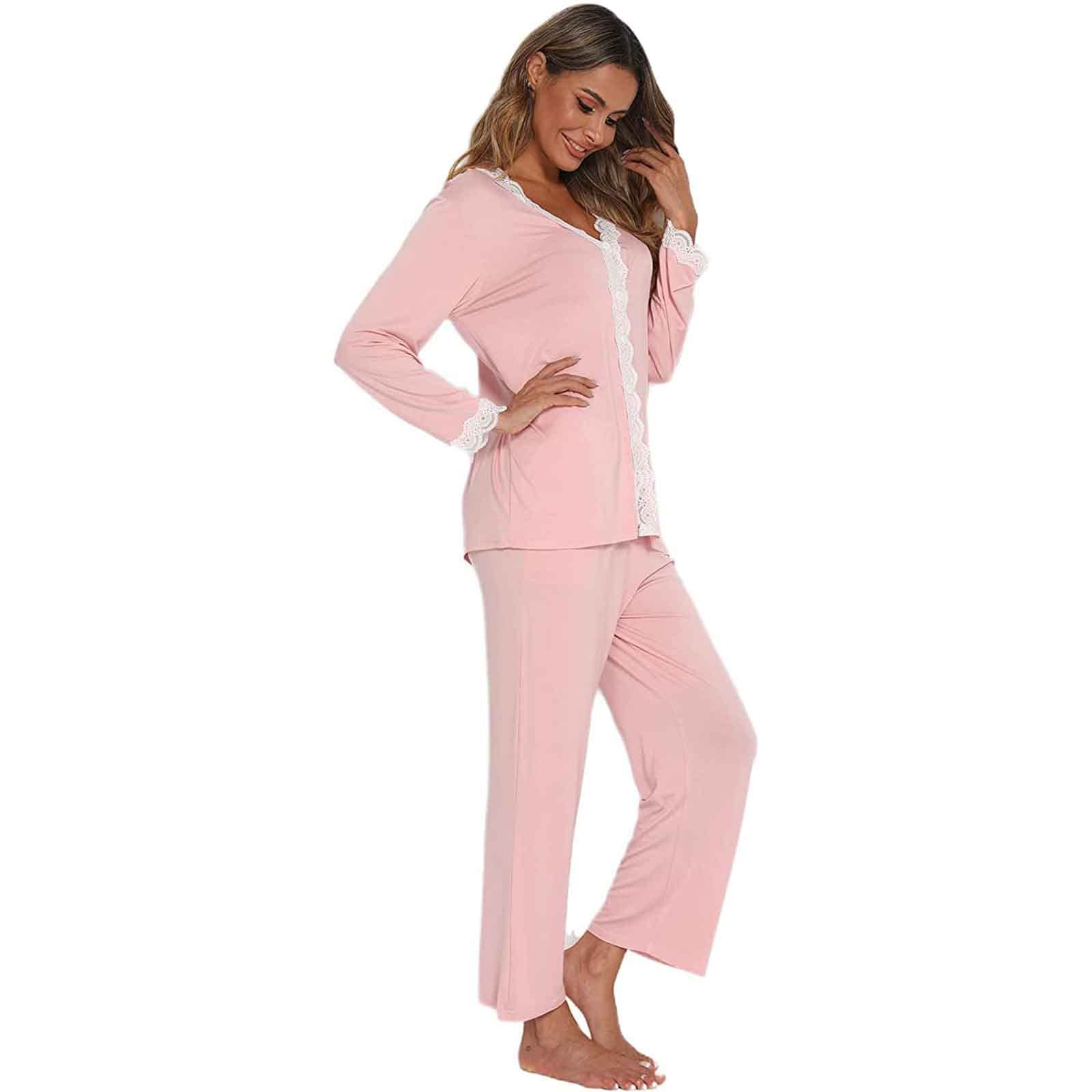 Jecarden Pyjama deux pièces à manches longues en coton modal, bord en dentelle, pour femmes et filles
