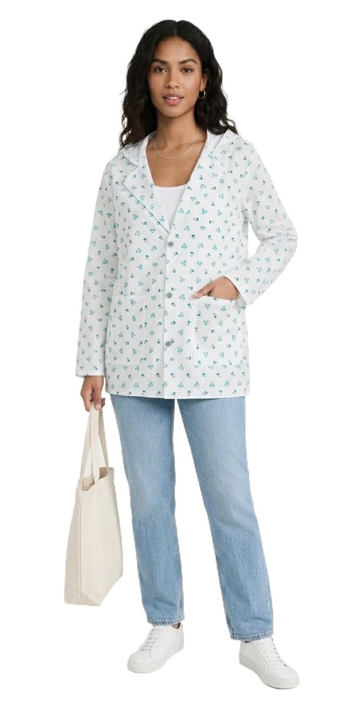 Women's Floral Print Lightweight Summer Coat, White with Teal Print, Button-Up Blazer Style.-picture-13