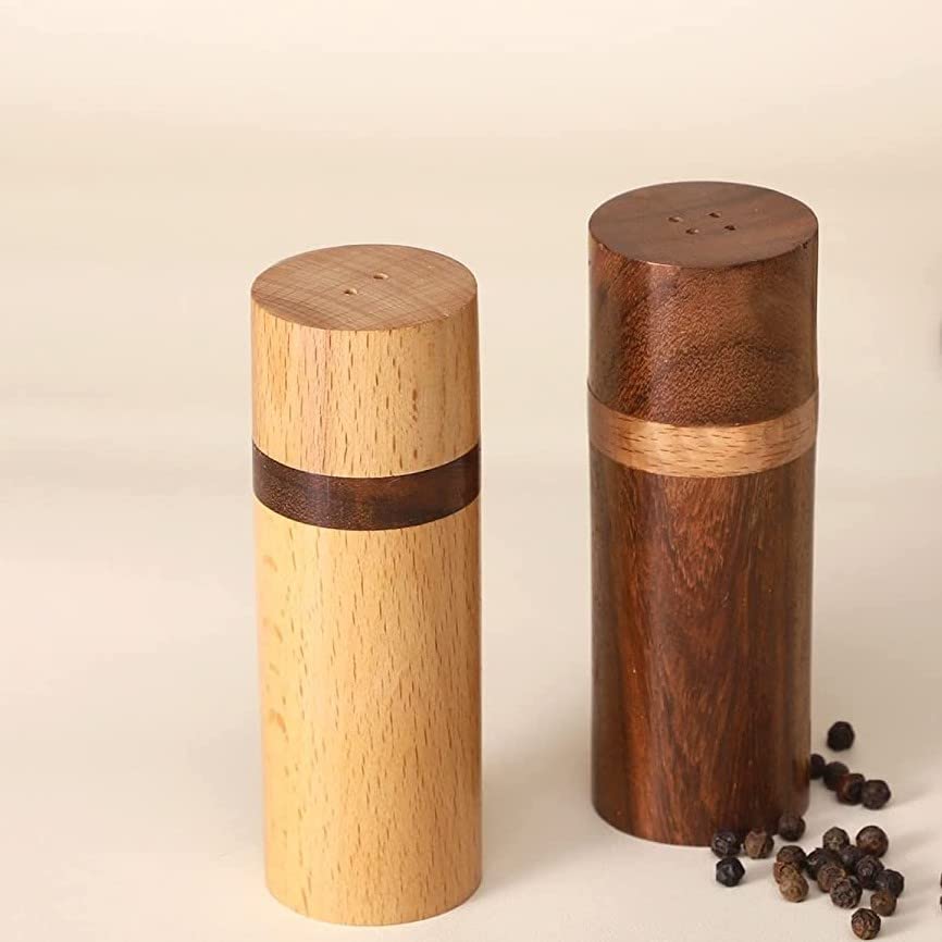 Image of Exclusive Wooden Elegant Salt & Pepper Shaker in Brown - Salt and Pepper Mixer Table Top Dinning Table Accessories (Set of 2)
