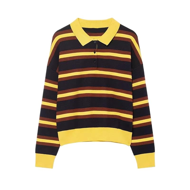Womens Knit Striped Pullover Sweater with Polo Collar Long Sleeve Vintage Style Autumn Winter Fashion Top