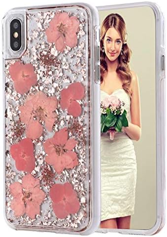 iPhone SE2 Case,iPhone 8 Case,Women Luxury Fashion Natural Flower Glitter Foil Sparkle Hard Back Cover with Clear TPU Bumper Protective Phone Bling Case for iPhone SE 2/8/7/6s (Pink Flower)