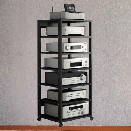 Soporte multimedia de alta fidelidad de 7 niveles, torre de audio de madera y gabinete estéreo para almacenamiento en el hogar, estantes negros para componentes de entretenimiento
