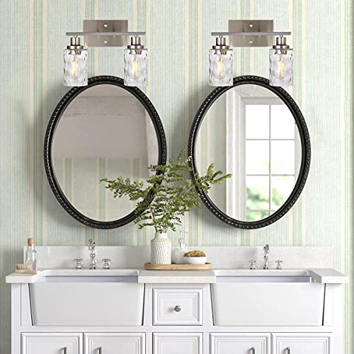 Image of 2-Light Bathroom Vanity Light Fixtures,Brushed Nickel Bathroom Lighting Fixtures,Modern Wall Sconces with Hammered Glass Shade, Wall Lights for Living Room Porch Hallway Bedroom