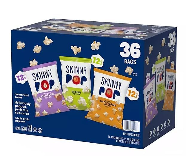 Skinny real Pop Popcorn Variety Pack - Snack Bags Assortment Care Package - Gift Box (36 Count) Bulk bag