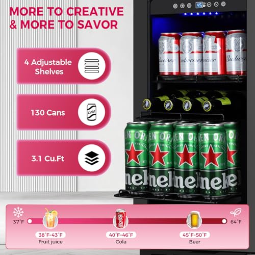Image of 15 Inch Beverage Cooler Refrigerator, 15 inch Beverage Cooler Under Counter 130 Cans Beverage Fridge with Glass Door, Freestanding or Built-In Mini Drinks Fridge with Lock for Soda, Beer, Black