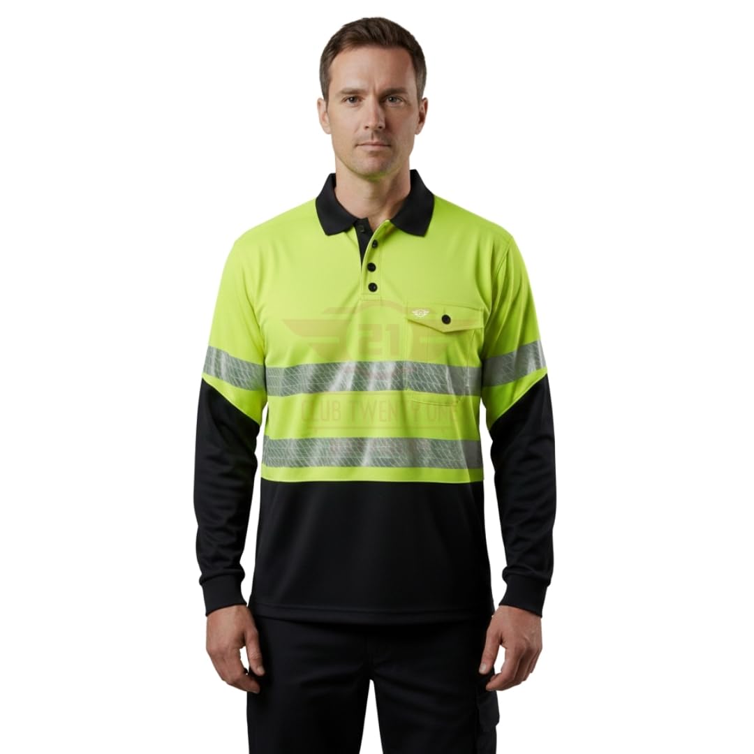 club twenty one Men’s Hi-Vis Yellow & Black Full Sleeve Polo Neck Regular Fit T-Shirt |Polyester Birdseye Fabric | Breathable, Quick-Dry & Lightweight | Long-Lasting Buttons-picture-2