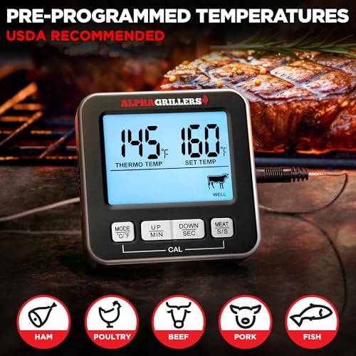 Alpha Grillers Meat Thermometer Digital - Kitchen Oven Thermometer for Cooking Food, Grilling, BBQ Smoker - 7 Preset Temperature Alerts, Timer, Alarm, & Stainless Steel Temperature Probe - Thumbnail 3