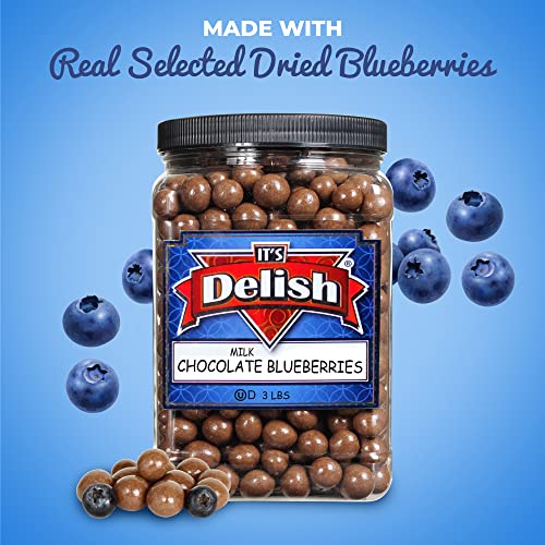 Gourmet Milk Chocolate Covered Blueberries - By It's Delish, 3 Lbs Jumbo Container Jar | Bulk Chocolate Coated Dried Fruit Berries For Parties Snacking & Dessert | Kosher Dairy #TOP1