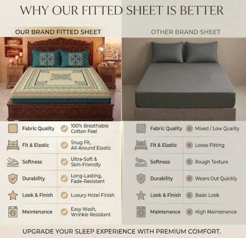 Image of VAS COLLECTIONS 240 TC Cotton King Size Fitted Bedsheet, Premium Soft Breathable Stretchable Mattress Sheet, Skin Friendly Durable Printed Bed Cover for Double Bed, 72 x 78 + 10 Inches - Spruce Green