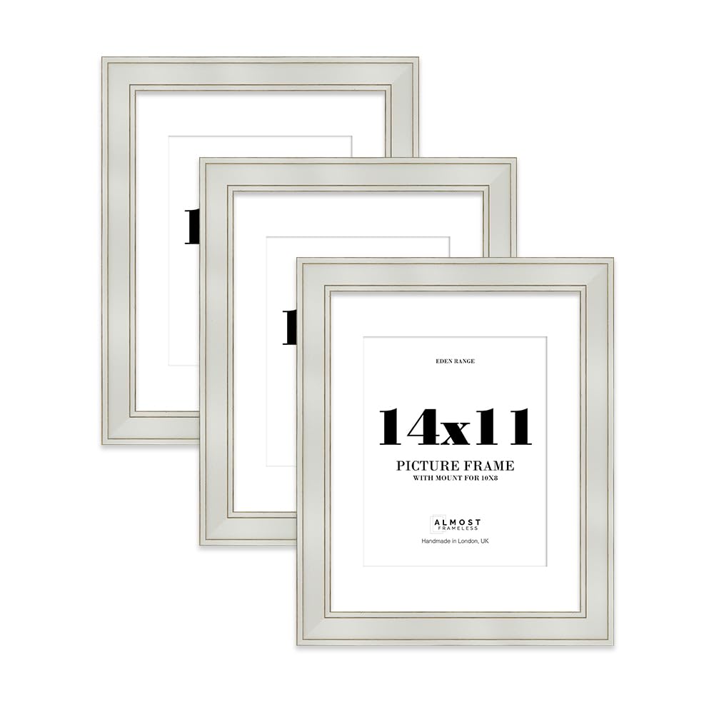 14x11" Light Grey Picture Frame with 10x8" Mount - Shabby Chic Photo Frame with Distressed Finish, Gold Trim, Wall Hooks and Kickstand, 37mm Edge - 3 Pack