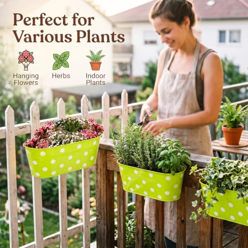 Image of TrustBasket Dotted Oval Railing Planter Basket - Green (Set of 5) | Heavy-Duty UV Stabilized Metal Flower Pots for Railings, Fence & Balcony, Indoor Outdoor Herb, Flower & Decorative Plants