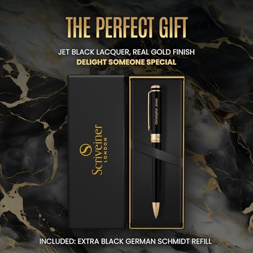 Image of Scriveiner Personalized Black Ballpoint Pen - Stunning Luxury Pen, Jet Black Lacquer, Real Gold Plating, Schmidt Ink Refill, Best Engraved Ball Point Gift Set for Men & Women, Custom Name Engraving