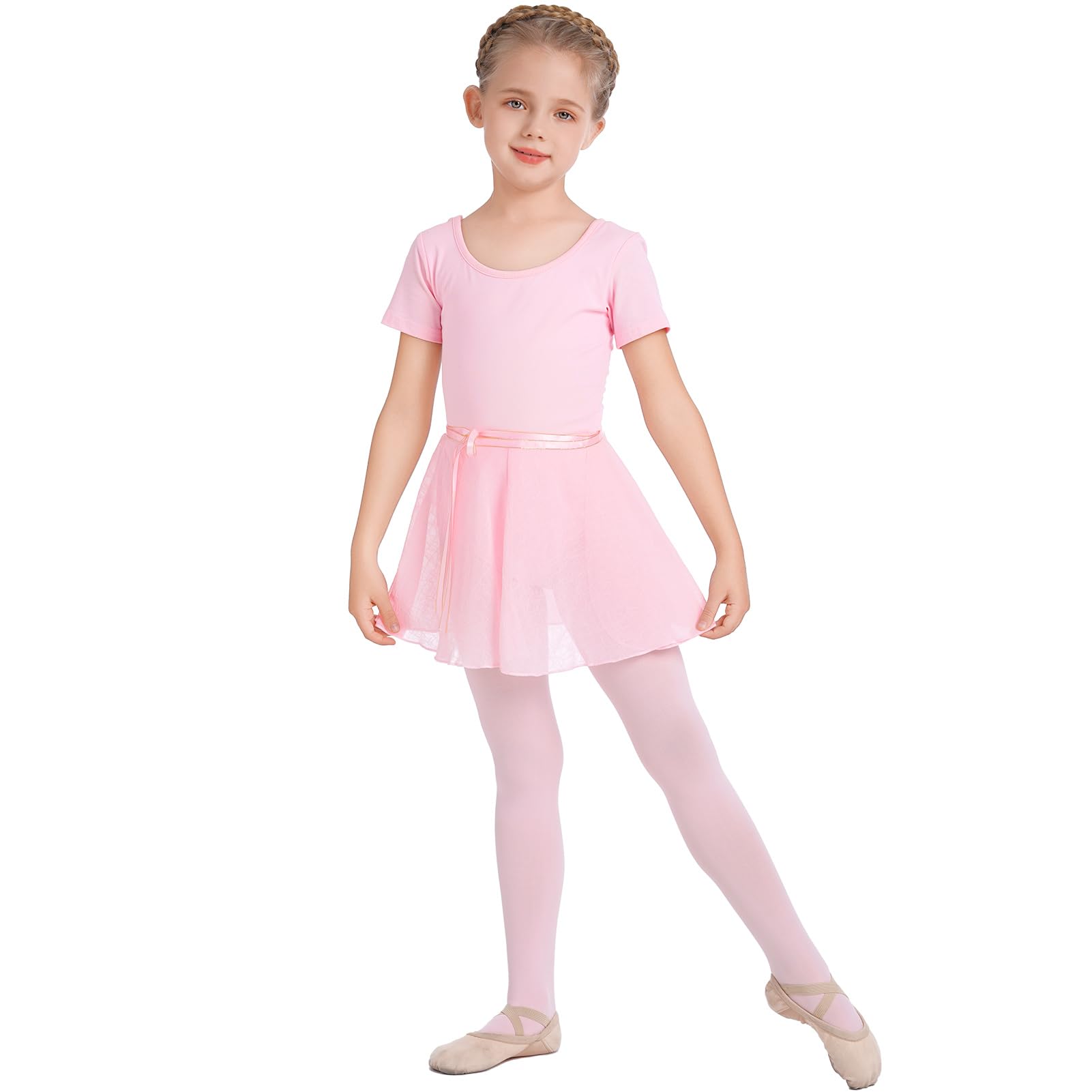 Girls Short Sleeve Ballet Dance Leotard with Chiffon Ballet Wrap Skirt Tights Ballerina Outfits for Toddler Girls Kids Princess Gymnastics Dancewear Costume 4PCS Ballet Tutu Dress Set Pink 4-5 Years