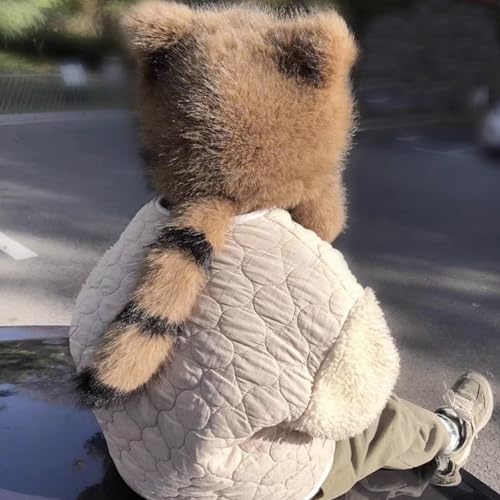 Fluffy Raccoon Hat Thermal Plush Furry Raccoon Tail Hat Faux Fur Windproof Beanie Animal Themed Costume Hat2