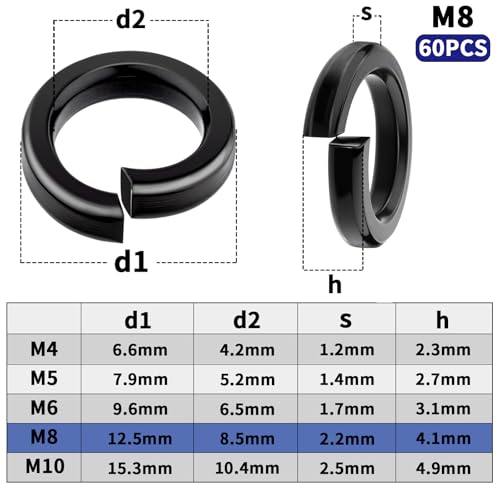 60pcs Federring M8 Federringe Edelstahl A2/V2A Unterlegscheiben Glatt Beilagscheiben Karosseriescheiben Spiralförmige Schwarz Federscheiben Sprengring für Haushaltsgeräte Mechanische Geräte