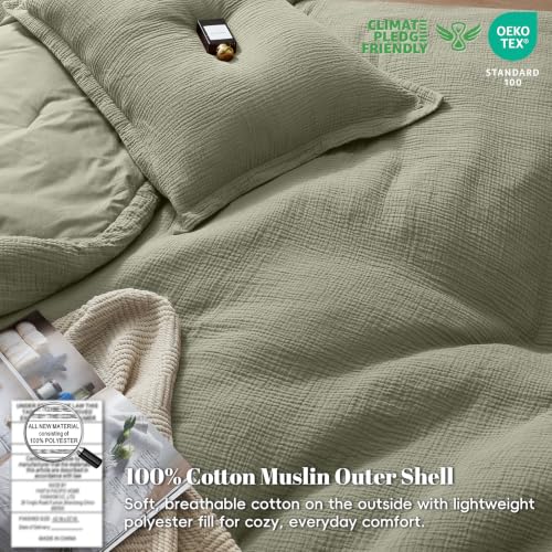 Image of PHF Cotton Muslin Comforter Set Queen, Ultra Soft Breathable, Dusty Sage