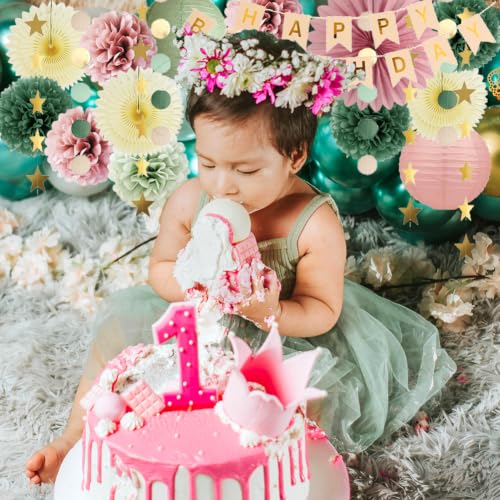 Decoraciones de cumpleaños retro verde salvia y rosa polvorienta con abanicos pastel 4