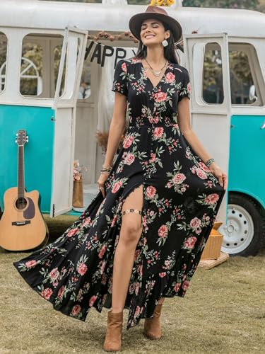 Black Dresses for Women 2025 Floral Design V Neck Short Sleeve Maxi Dress Wear Casual Wedding Party2