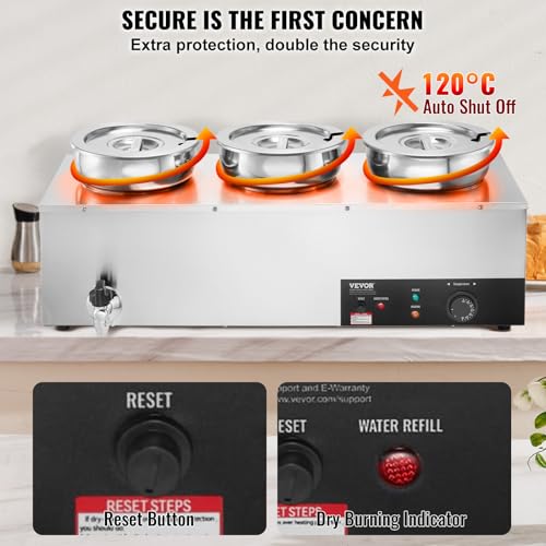 Image of VEVOR Electric Soup Warmer, Three 7.4QT Stainless Steel Round Pot 86~185F Adjustable Temp, 1200W Commercial Bain Marie with Anti-dry Burn and Reset Button, Soup Station for Restaurant, Buffet, Silver