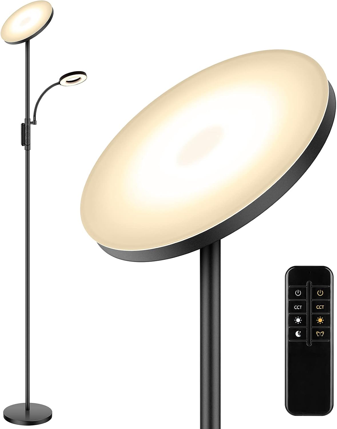 LED Floor Lamp Adjustable 27W/2000LM Main Lamp 7W/400LM Reading Lamp Dimmable Torchiere Standing Lamp w/ 4 Color Temperature Remote & Touch Control Tall Pole Light for Living Room Bedroom Office Black