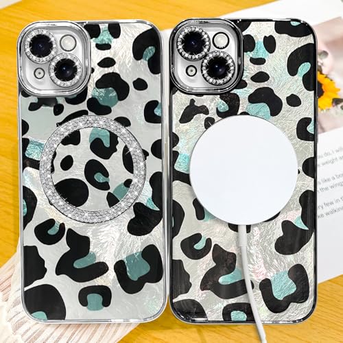 Coque iPhone 15 Plus MagSafe Fiyart imprimé léopard argenté